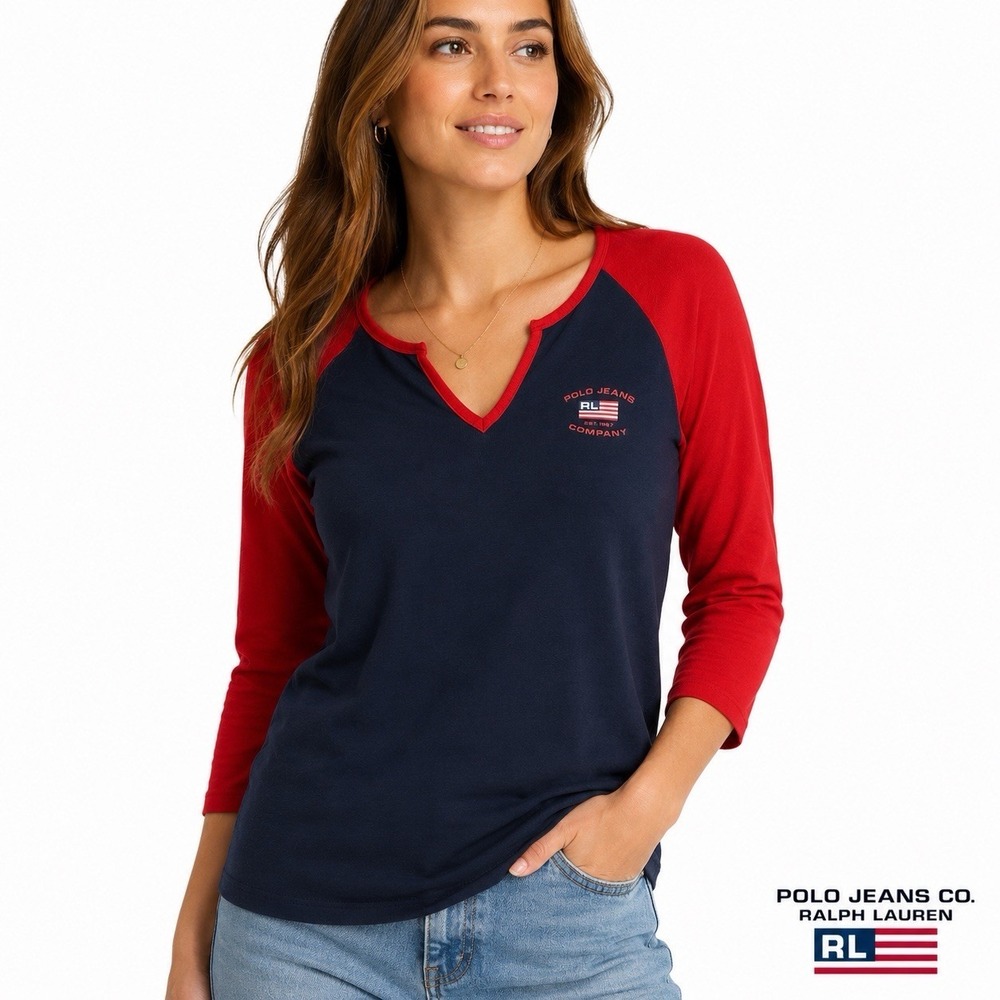 Polo Jeans Co Ralph Lauren Women's Large Navy Red Raglan V-Neck Shirt Cotton L